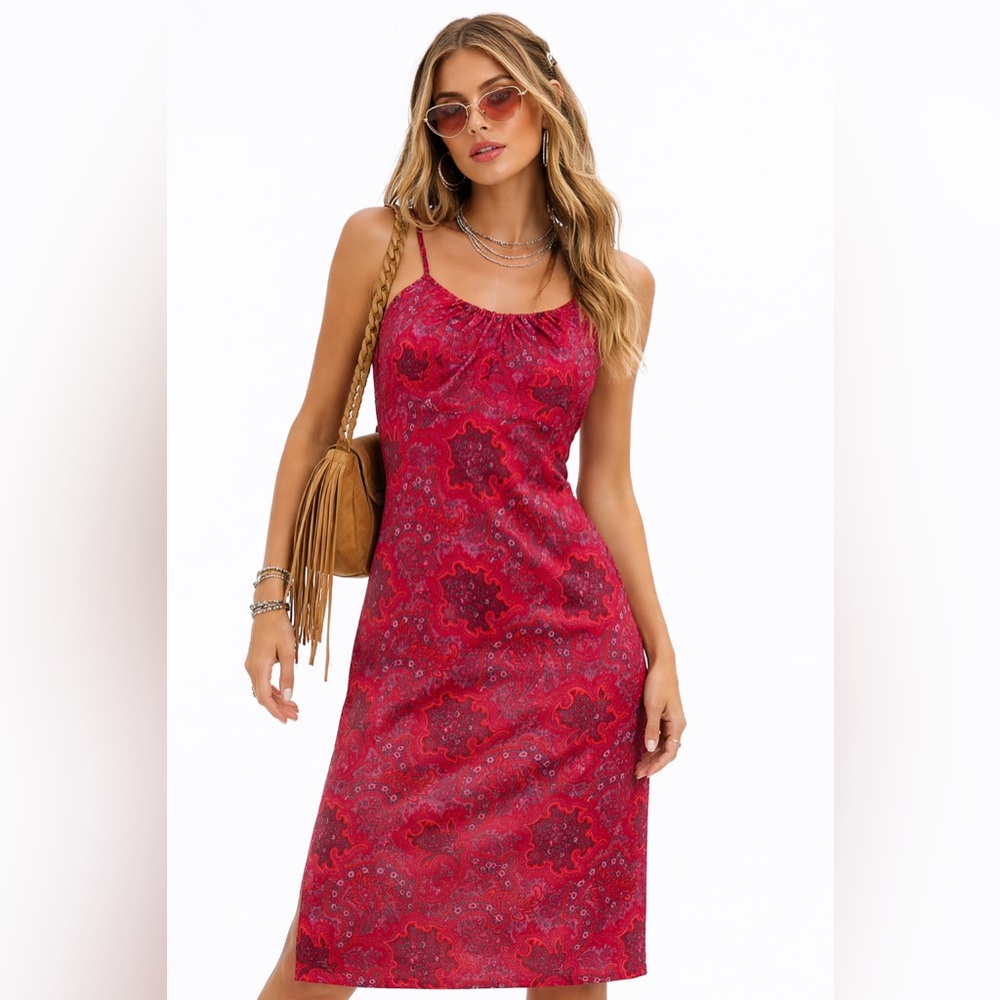 Express Y2K Paisley Slip Midi Dress Red Pink Strappy Festival Boho Sz 9/10 Med